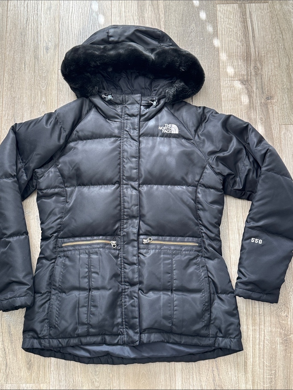 The North Face Black Women's Hooded Puffer Nylon Coat with Faux-Fur Trim Size M